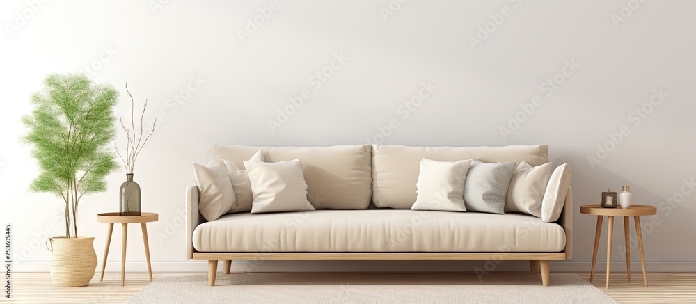 Fototapeta premium Cozy Home Decor: Stylish Couch with Vibrant Pillows and Lush Plant in a Bright Room Setting