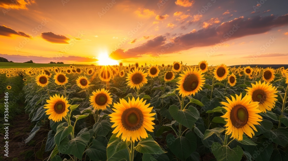 Obraz premium Endless field of sunflowers illuminated by the sun, harvest and agricultural business concept 