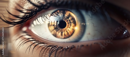 Reflections of Urban Life: Intense Stare Capturing Diverse Cityscape in Eye photo