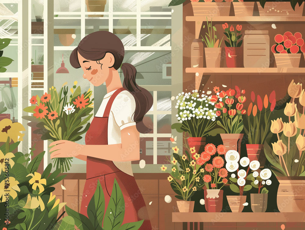 Young woman in red apron selling flowers in flower shop. Pots and vases are everywhere. Flat illustration