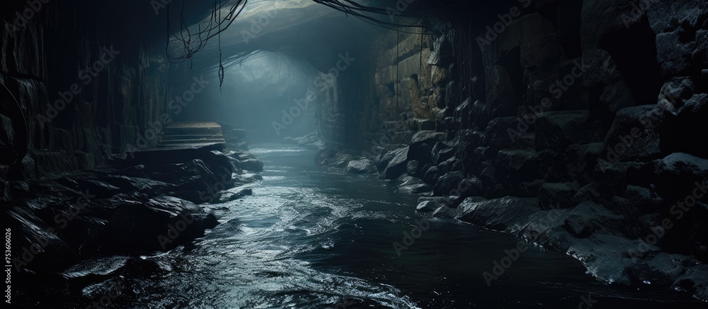Mysterious Underground River Illuminated by a Beam of Light in Enigmatic Cave Exploration