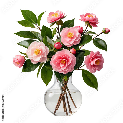 flower in a pot   The Pure Beauty of Camellias in a Glass Vase isolated on transparent background PNG file