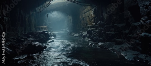 Mysterious Underground River Illuminated by a Beam of Light in Enigmatic Cave Exploration