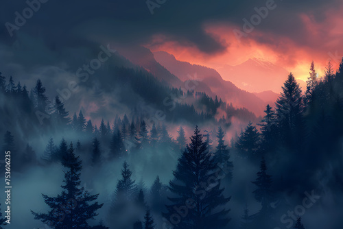 Sunset Fire in Misty Mountain Forest, Dramatic Sky Over Whispering Pines