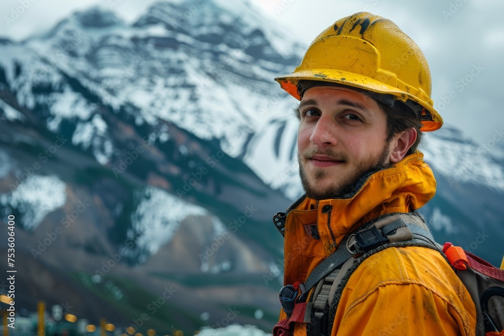 Gas extraction engineer with safety helmet in mountainous area Gas extraction engineer with safety helmet in mountainous area