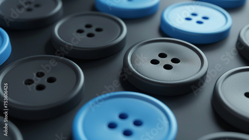 An array of blue and black sewing buttons scattered across a dark surface, showcasing a simple yet elegant design concept.
