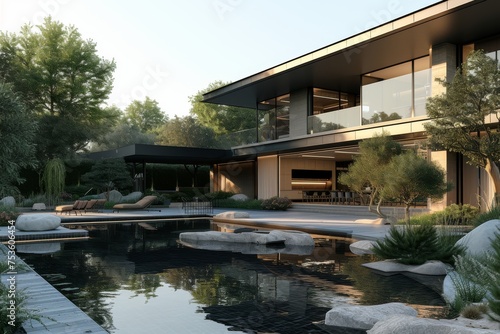 A modern house and its outdoor features against a backdrop of soft black © Boinah