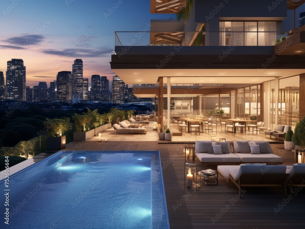 Obraz premium A modern residence nestled amidst the towering skyscrapers of a bustling cityscape