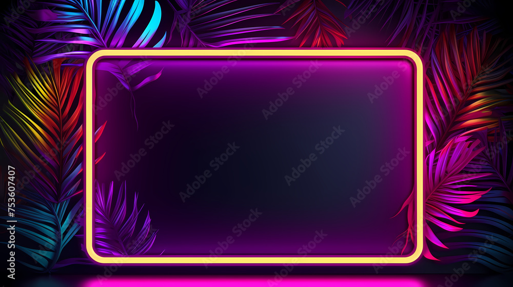 Glowing neon border embracing abstract palm leaves Glowing neon border embracing abstract palm leaves