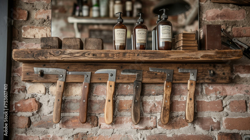Vintage straight razors displayed on a reclaimed wood shelf against exposed brick walls.