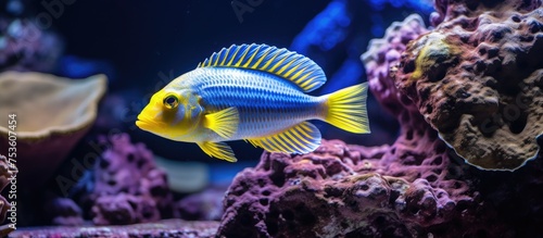 Colorful Tropical Fish Swimming Among Vibrant Rocks in an Aquatic Tank