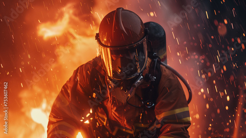 A powerful portrait of a firefighter fully geared, facing the intense heat and flying sparks of a raging fire, embodying courage and dedication © praewpailyn