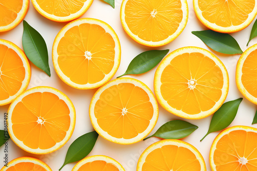 Fresh oranges and slices with green leaves on a vibrant background. Juicy and nutritious citrus fruits for a healthy snack or dessert.