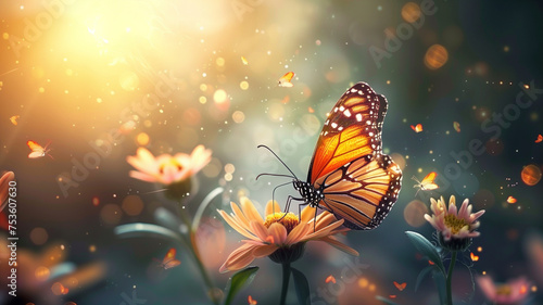 A majestic monarch butterfly perches gracefully on a blooming flower amidst a mystical garden aglow with soft light and fluttering butterflies, creating a scene of natural wonder and magic © praewpailyn
