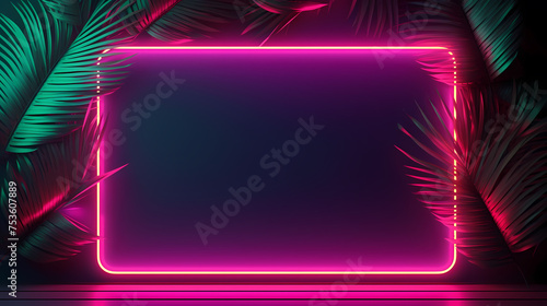 Glowing neon border embracing abstract palm leaves photo
