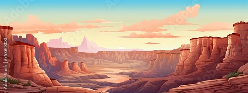 sunset on canyon landscape. cartoon illustration