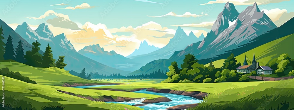 landscape showcasing verdant meadows with a winding river - obrazy, fototapety, plakaty 