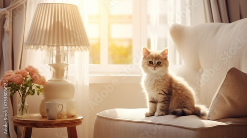Cute kitten sitting in the living room at home, sunny cozy room, photo 
