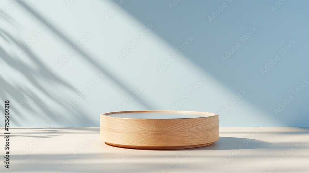 A round wooden podium, a pedestal for an object, against a neutral natural background. Photo A round wooden podium, a pedestal for an object, against a neutral natural background. Photo