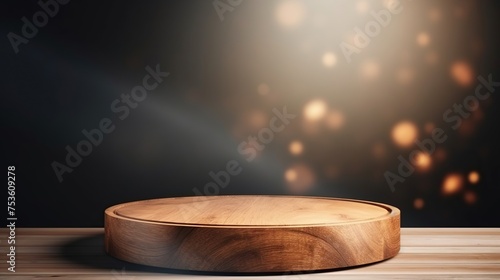 Round wooden podium, wooden pedestal for an object, on a dark, black background with bokeh. Photo 