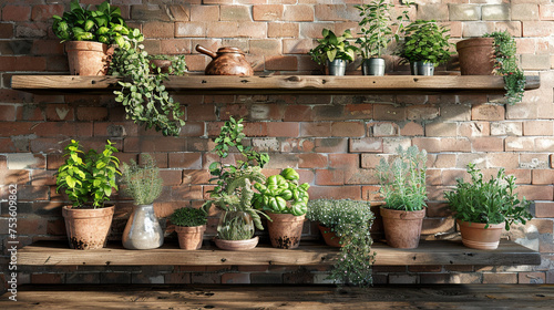 A rustic kitchen with a brick wall, a wooden shelf, a clay pot, and a bunch of herbs.
