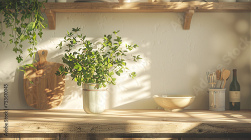 A cozy kitchen corner with a wooden counter, a white wall, a green plant, and a ceramic bowl.