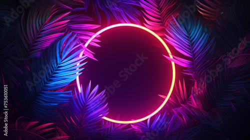 Glowing neon border embracing abstract palm leaves