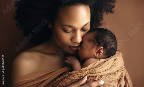 Close up of young afro american black woman with closed eyes hugging newborn sleeping wrapped in a blanket for comfort over brown studio background. Concept of love in motherhood and care of childhood