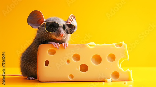 黄色い背景にサングラスをかけた可愛いネズミと穴の開いたチーズ