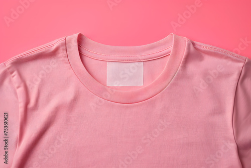Inner collar of pink t-shirt with a blank label tag for logotype brand