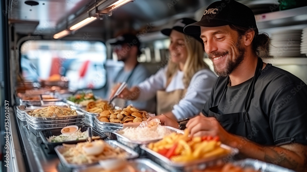 people ordering food at counter in food truck outdoor, day time people ordering food at counter in food truck outdoor, day time
