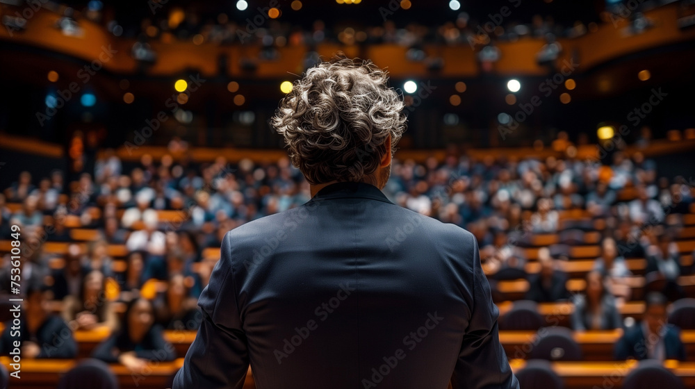 Fototapeta premium Male motivational speaker on stage in front of audition having presentation.