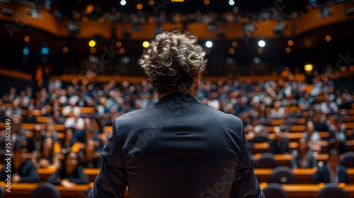 Male motivational speaker on stage in front of audition having presentation.