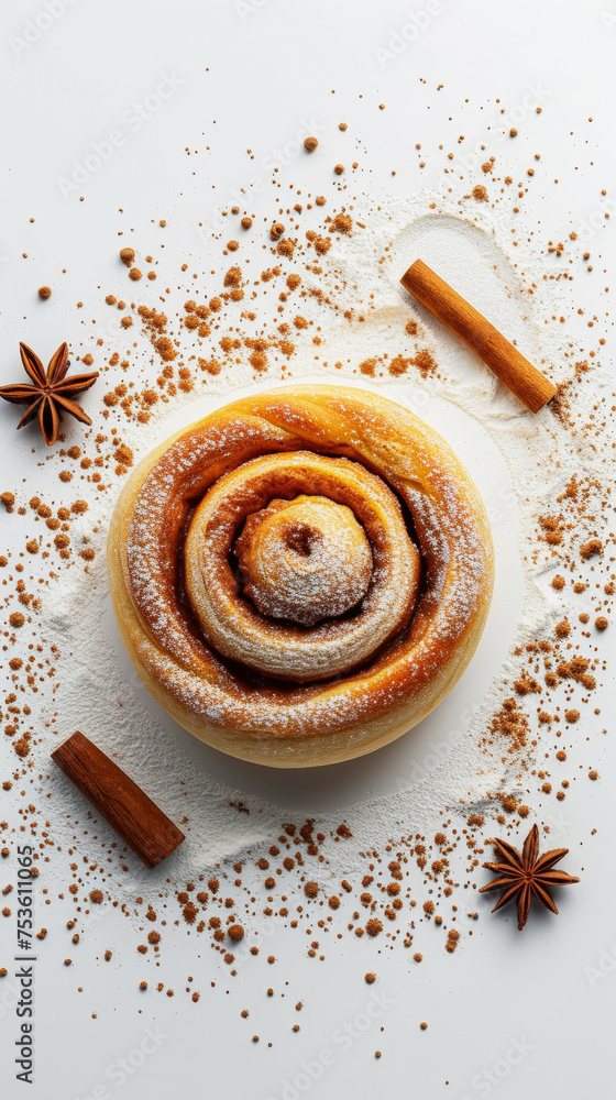 Freshly baked cinnamon bun roll with sugar and flour. Aesthetic food advertising concept. Generative AI Freshly baked cinnamon bun roll with sugar and flour. Aesthetic food advertising concept. Generative AI
