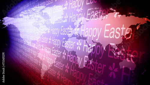 World map backdrop with festive pattern and happy easter text for creative greeting card idea
