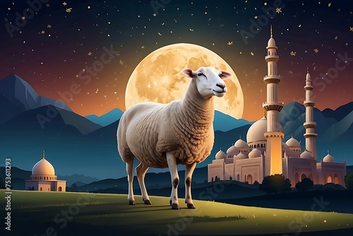Sheep in front of mosque at night graphic design. Eid ul Azha concept illustration