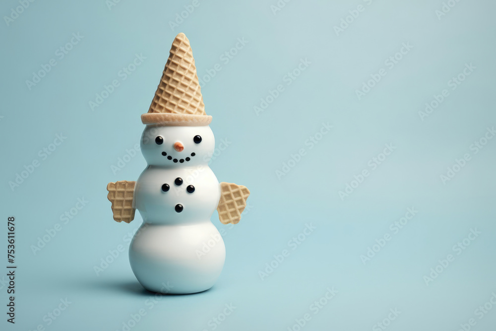 A whimsical snowman made with ice cream and waffle cones on a light blue background. A whimsical snowman made with ice cream and waffle cones on a light blue background.