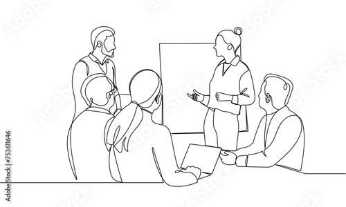 Continuous line of a group of business people having a discussion. Creative business team brainstorming on a new project. Project presentation. One line vector illustration