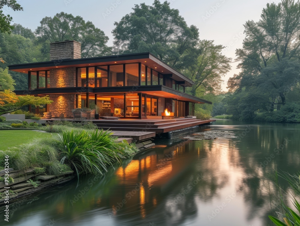 A Mid-century modern house perched on the banks of a tranquil river A Mid-century modern house perched on the banks of a tranquil river