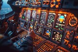 Focused pilot operating advanced aircraft cockpit during flight