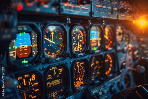 Commercial pilot navigating an aircraft with an array of illuminated cockpit instruments at sunset photo