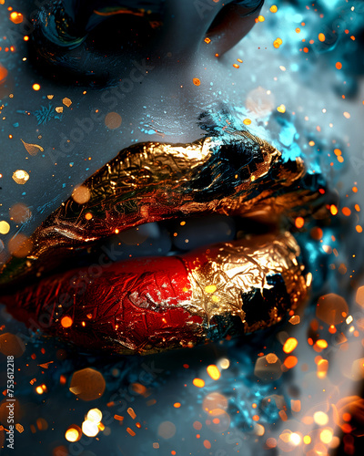Contemporary abstract art. Juicy female lips in the center of the frame. Dark paint with liquid gold flows from the face. Close-up
