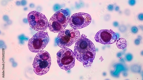 Medical concept of schistocytes in blood smear, indicating hemolytic syndromes and dic photo