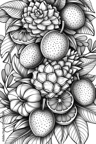 Coloring book flowers fruit pinepple doodle style black outline. line art floral black and white background photo