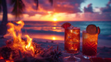 Two cocktails on the beach with a dramatic sunset in the background