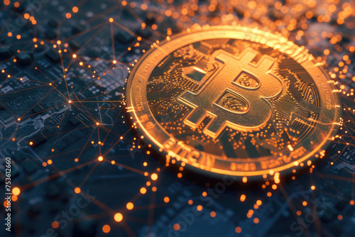 Wallpaper Mural Orange bitcoin logo placed on circuit board with glow lights Torontodigital.ca