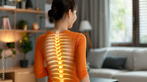 Digital composite of a woman s highlighted spine, symbolizing back pain, in a home setting.