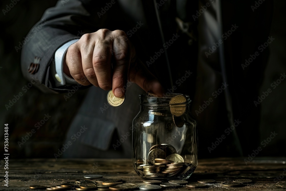 saving money. businessman saving money concept. hand holding coins putting in jug glass. Planning step up, saving money for future plan. 