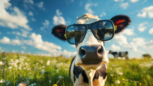 A crazy funny  cow looks at the camera and laughs on a green flowers under a blue sky on a sunny summer day.