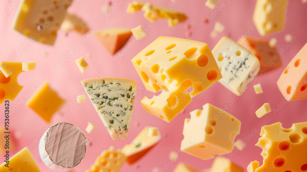 Assortment of cheese flying around with pastel background, cheddar, French soft cheese Assortment of cheese flying around with pastel background, cheddar, French soft cheese